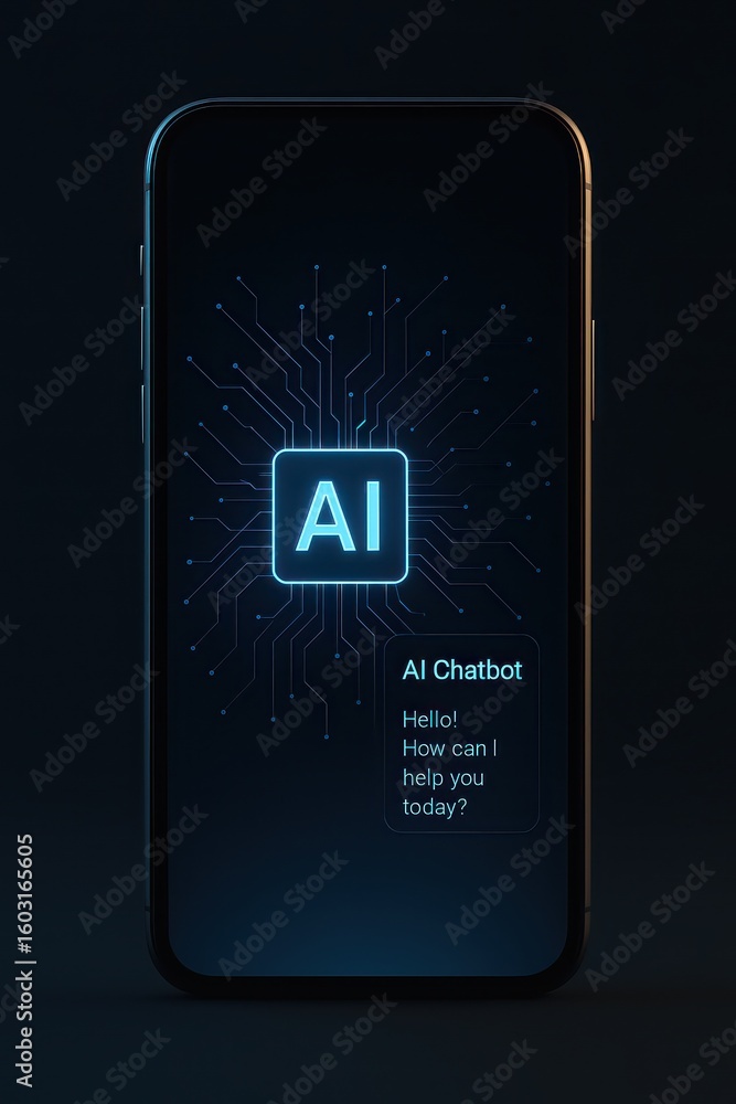 Poster a sleek smartphone displaying an ai chatbot interface, the screen illuminates with glowing circuit b
