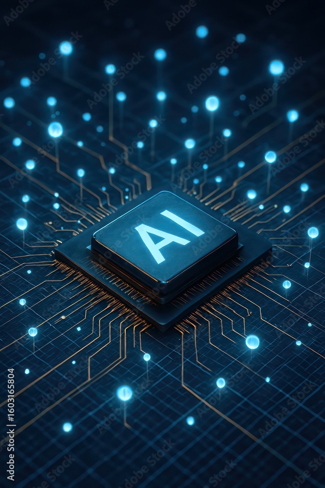 Poster a futuristic circuit board comes alive, illuminated by glowing orbs. capturing the essence of artifi