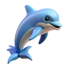 Fototapeta premium A bright blue cartoon dolphin with a gray belly jumping with its tail forming a flower shape isolated on a transparent background