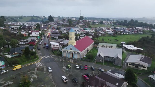 Flyover of UNESCO World Heritage Church of Chonchi Chiloe 