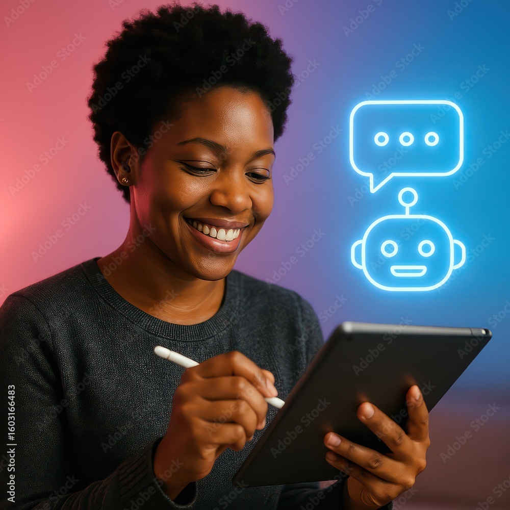 Aufkleber a woman interacts with an ai chatbot. illustrating technology and the intersection of human and arti