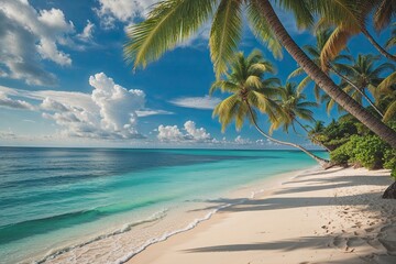Fototapeta premium Stunning Ethereal Ocean Beach Banner Featuring Serene Sands Graceful Palms and Tropical Paradise Escape