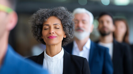 Group of diverse professionals standing in line with eyes closed, engaging in mindfulness or meditation practice.
