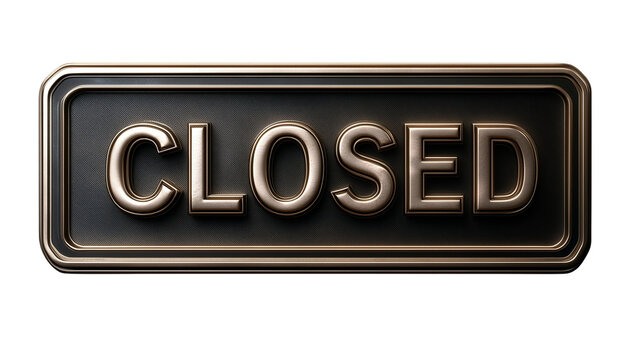 3D "CLOSED" sign with metallic text and a subtle shadow, giving it a sleek and modern look, isolated on a transparent background