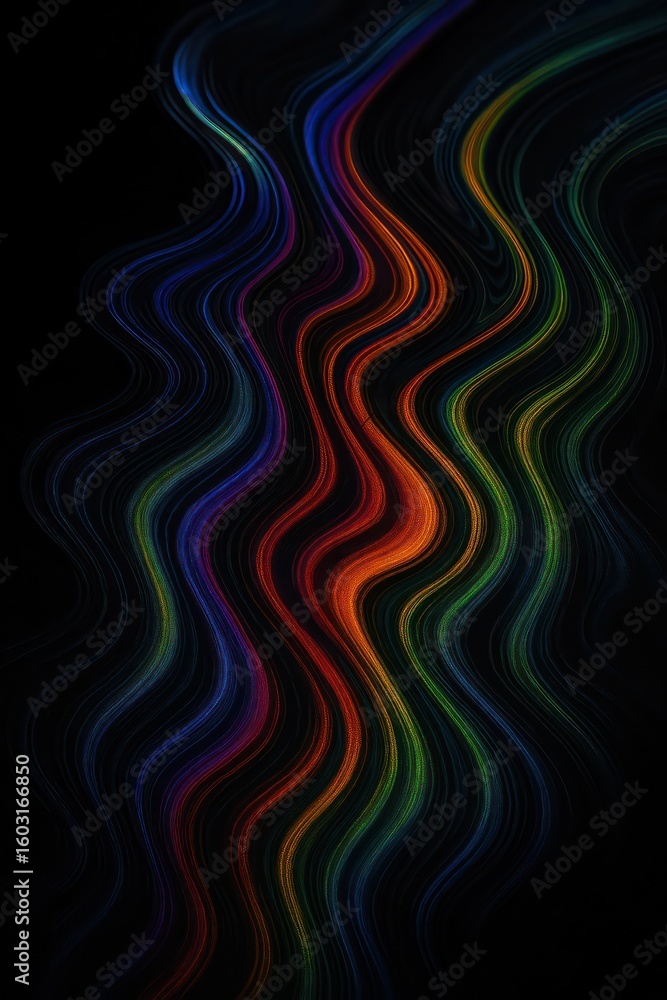 Poster an abstract artwork of vibrant, multicolored wavy lines flowing gracefully against a deep, mysteriou