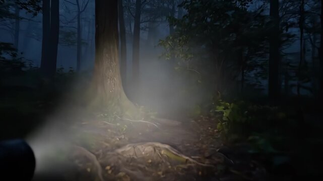POV walking through a dense dark forest at twilight, hearing distant owl hoots and rustling leaves underfoot.