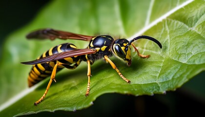 close up of a wasp on a green leaf