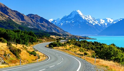 Naklejka premium Serpentine road through the majestic mountains to the shimmering lake destination