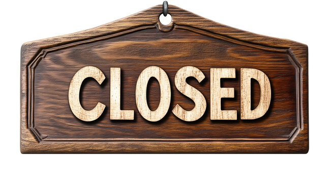 wooden "CLOSED" sign with engraved text and a rustic, natural texture, isolated on a transparent background