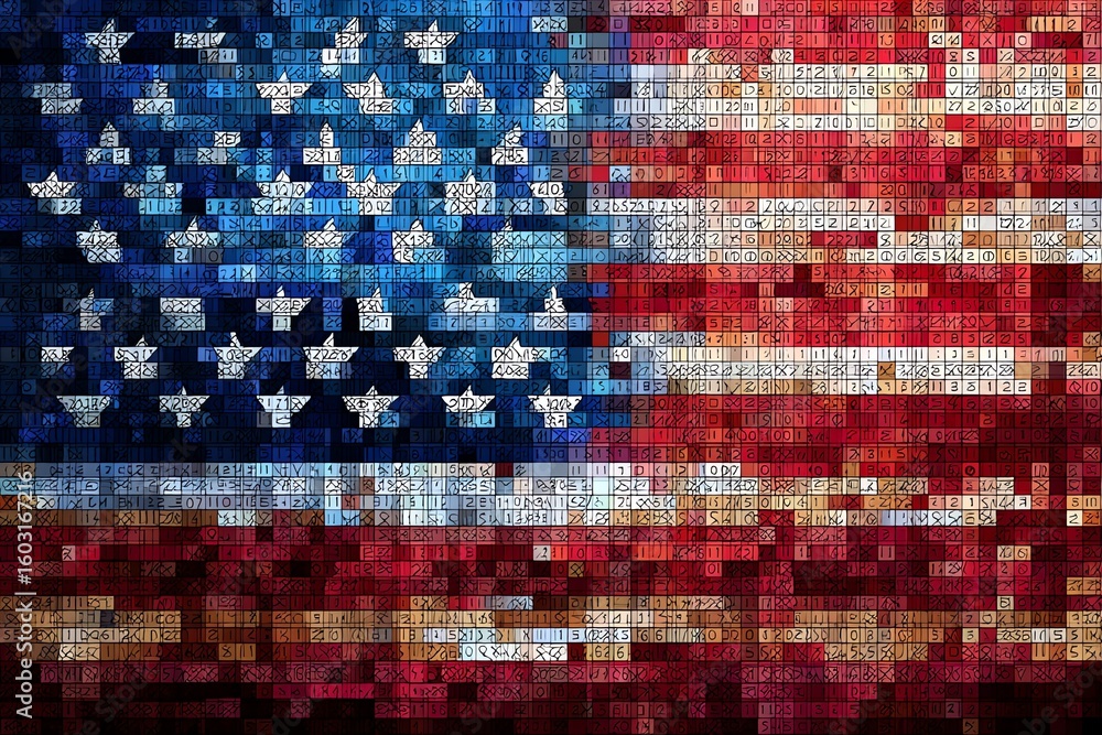 Poster a digitally rendered american flag is constructed from a mosaic of pixelated characters and symbols,