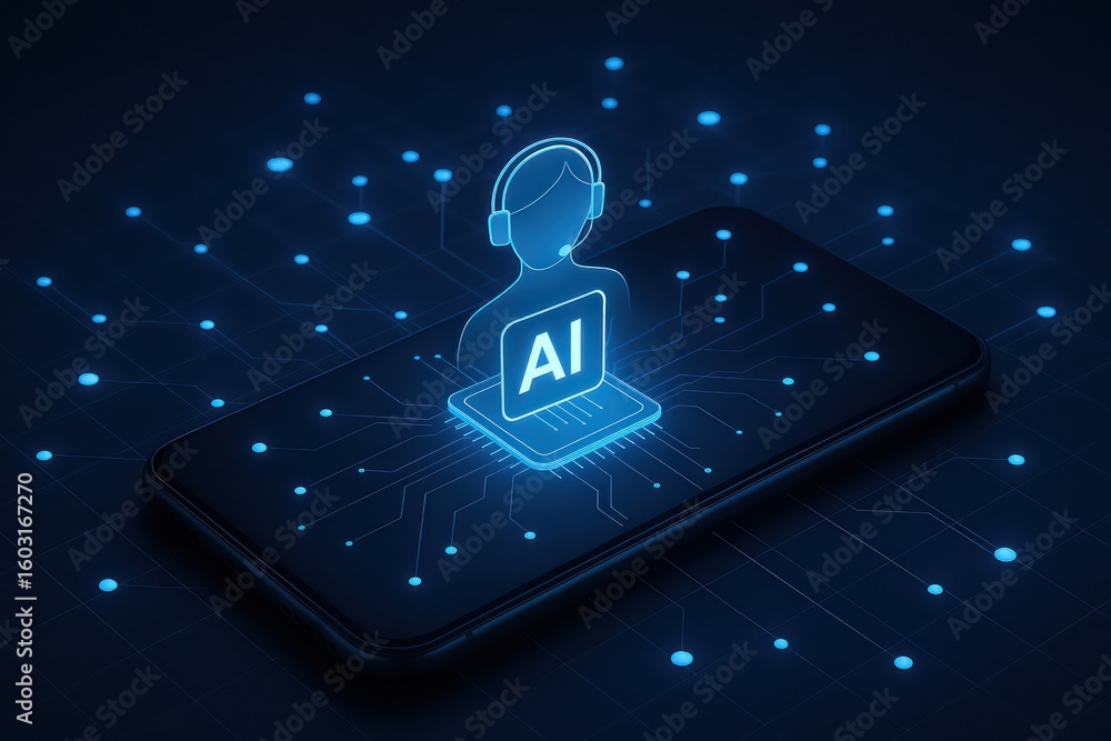 Poster digital representation of ai assistant, a holographic ai interface floats atop a modern smartphone, 