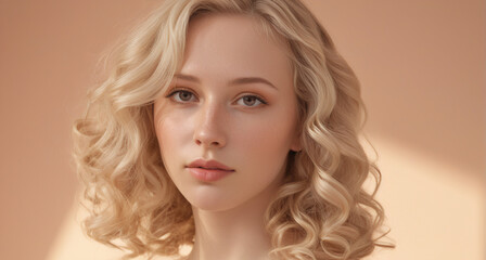 Warm portrait of a white person with fair skin, curly blonde hair, light eyes, soft even lighting, and a peach background conveying calm elegance