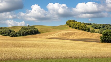 Fototapeta premium Golden Wheat Field and Rolling Hills Under Cloudy Skies, Agriculture , Landscape