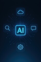 Fototapeta premium A cutting-edge digital representation of Artificial Intelligence with interconnected icons, emphasizing innovation and technological advancement.
