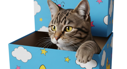 Tabby cat looking out of a blue cardboard box with cloud and star decoration isolated PNG with Transparent Background