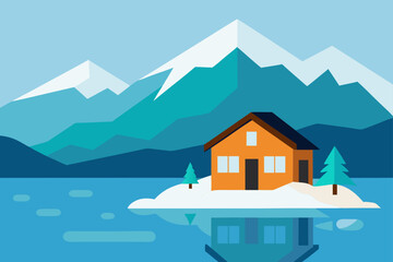 cozy cabin by frozen mountain lake