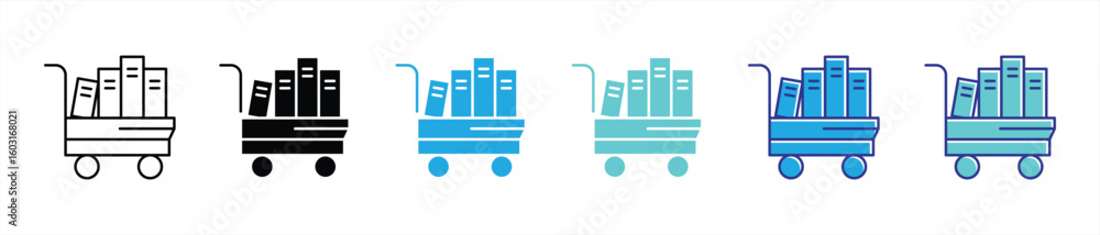 Poster rolling knowledge icon set. contain book cart representing library, learning access thin line and co
