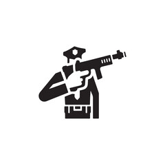 Armed Security Guard Ready for Action.A black and white silhouette of a security guard, wearing a uniform and a hat, holding a rifle at the ready.