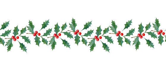 Watercolor holly berry seamless border isolated on white background. Hand drawn illustration Christmas drawing. Can be used for greeting cards, banners, templates.