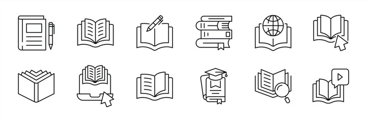 set of book thin line icon. contain celebrating books, reading, digital literacy across learning landscape thin line and color style icon symbol sign for your app web. vector illustration