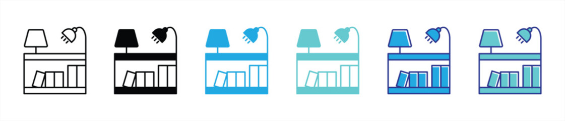 desk of discovery icon set. contain blending books, lamps, study corners to inspire focus, reading ritual, late night learning adventure thin line and color style icon symbol sign. vector illustration