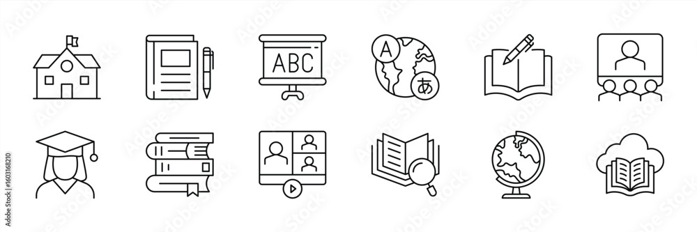 Poster set of learning thin line icon. contain representing the full spectrum of learning from classroom an