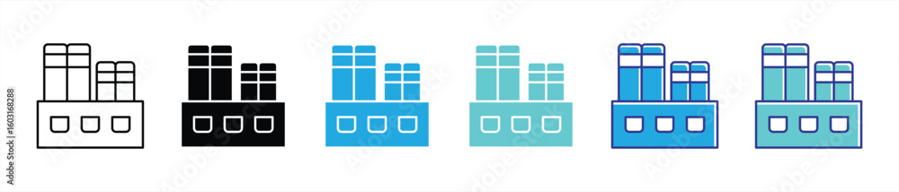 Poster book factory icon set. contain knowledge production where learning is mass produced for curious mind