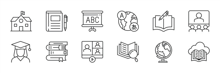 set of learning thin line icon. contain representing the full spectrum of learning from classroom and books to virtual lessons and global language education symbol sign. vector illustration