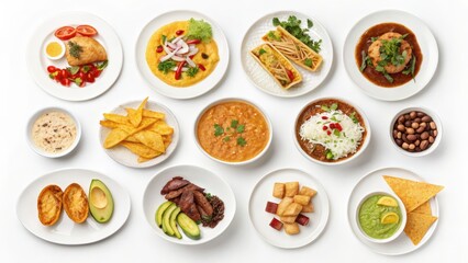 Overhead shot of diverse Latin American cuisine: savory stews, crispy tortillas, fresh guacamole, and vibrant toppings.