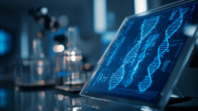 Futuristic DNA sequencing data on laboratory monitor with glassware and microscope in background, concept of longevity science, anti-aging genomics, and precision diagnostics