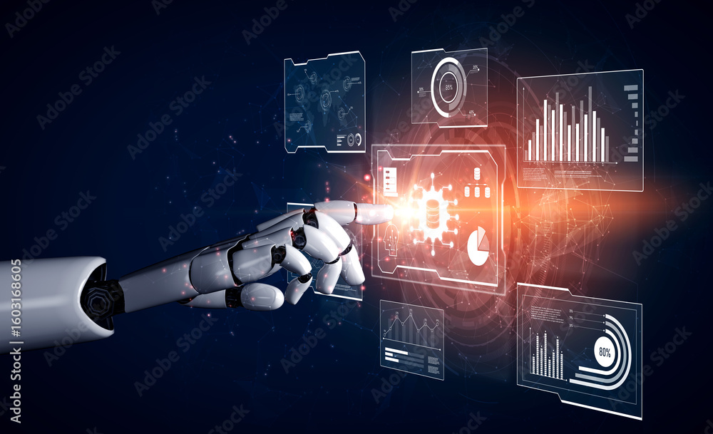 Poster ai reading big data visualization dashboard, analyzing insights, identifying patterns, and generatin