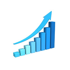 Blue bar chart with upward arrow indicating business or financial growth trend on black background