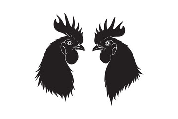 Two black roosters facing each other in silhouette
