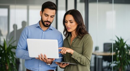 Collaborative professionals review project data on laptop in bright modern office space, fostering teamwork and innovation.