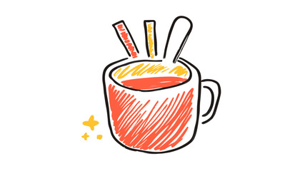 Hand drawn coffee illustration featuring a mug with scribbled lines and simple artistic elements offering a minimalist design