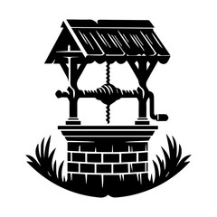 Rustic Well Water Pump: Black and White Monochrome Illustration, Vintage Style, Rural Theme, Simple Design,  Traditional Architecture,  Water Source Symbol.