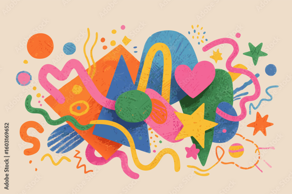 Aufkleber colorful abstract shapes composition using various shapes like stars circles and lines to form a mod