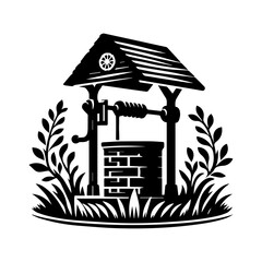 Rustic Black and White Well Illustration:  Traditional Water Well with Roof, Surrounded by Grass and Foliage,  Simple Line Art Style.