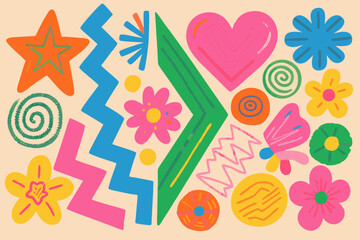 Vibrant Abstract Floral and Geometric Elements Composition: A Colorful and Playful Pattern Design Illustration