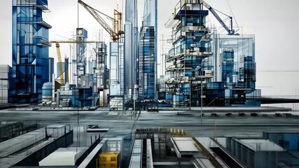 Dynamic construction site showcasing modern architecture with cranes and scaffolding in urban setting
