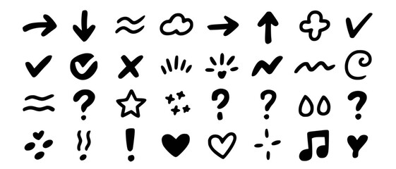 Black hand drawn icons and symbols arrows check marks hearts and musical notes white