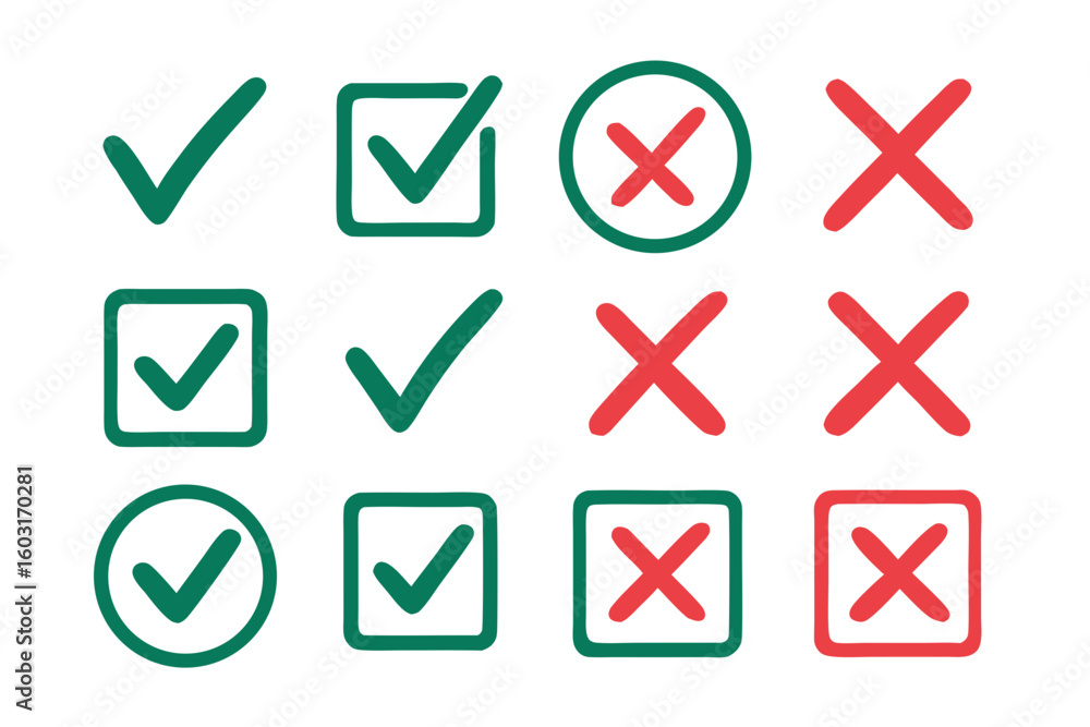 Poster various checkmark and cross symbols on a black background graphic design elements for decisions and 