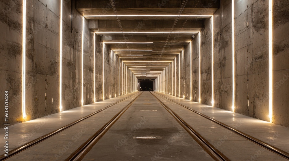 Aufkleber a subway tunnel with glowing lights along the walls, creating a symmetrical path with parallel track