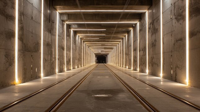 A subway tunnel with glowing lights along the walls, creating a symmetrical path with parallel tracks and smooth concrete surfaces, leading to an unknown destination