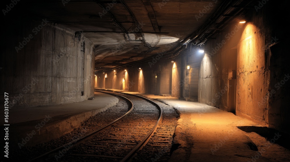 Poster a subway tunnel with illuminated track rails running through a dark, curved passage, with soft light