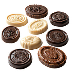 An array of delicious, beautifully designed chocolate confections in various colors and shapes.