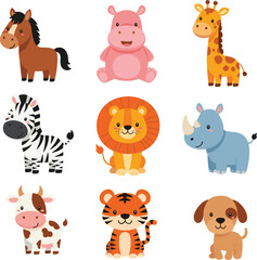 Cartoon animal set with horse, hippo, giraffe, zebra, lion, rhino, cow, tiger, dog, cute vector illustration