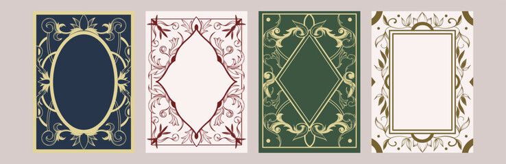 Set of four vintage ornate floral frames with elegant borders, classic graphic style, on a soft neutral background. Concept of decorative design. Vector illustration