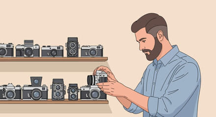 Photographer Examining Vintage Camera Collection with Various Classic Camera Models.