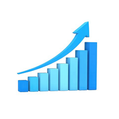 Blue ascending bar graph with upward arrow indicating growth on black background image